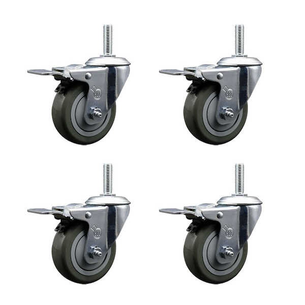 4 Inch Gray Polyurethane Swivel 34 Inch Threaded Stem Caster Set with Total Lock Brake